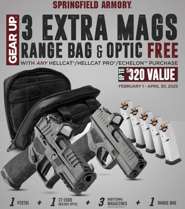 Springfield Armory Gear Up 25 Pkg Compact 9mm Luger 10+1 4" Barrel Optic Ready, Includes Crimson Trace CTS-1500 Red Dot, 5 Mags & Bag