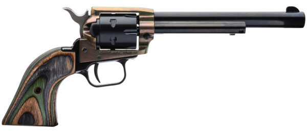 Heritage Mfg Rough Rider 22 LR/22 WMR 6 Shot, 6.50" Black Steel Barrel & Cylinder, Camo Laminate Grip, Hammer/Thumb Safety, Exposed Hammer